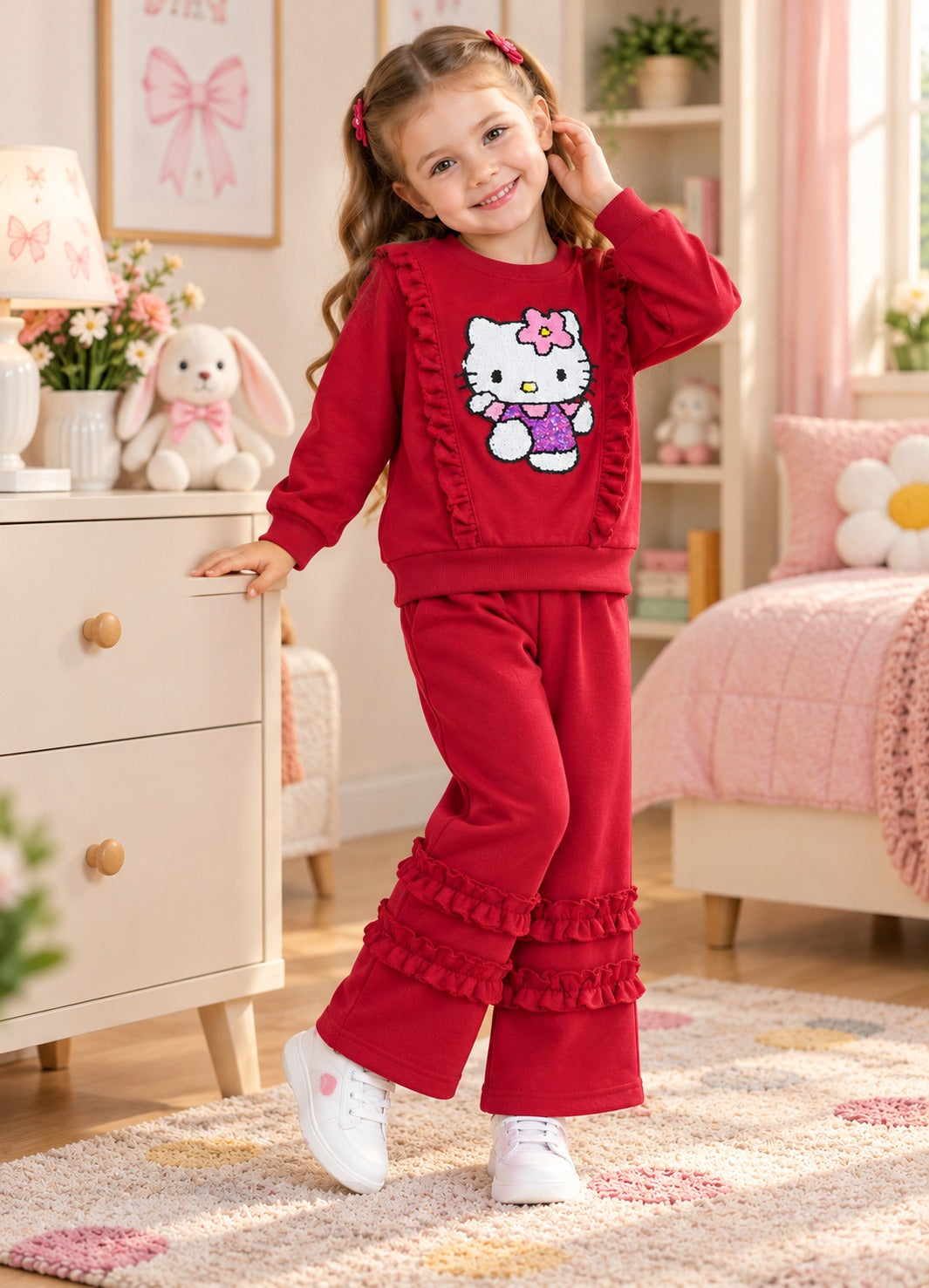 Girls Red Hello Kitty Printed 2-Piece Winter Suit