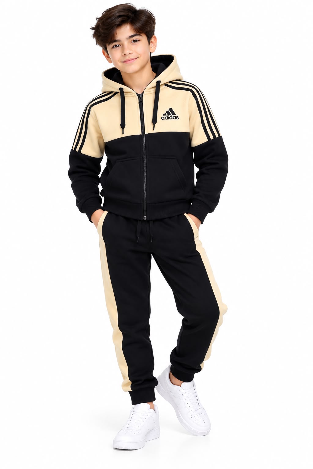 Boys Zipper Hoodie Tracksuit – Beige & Black