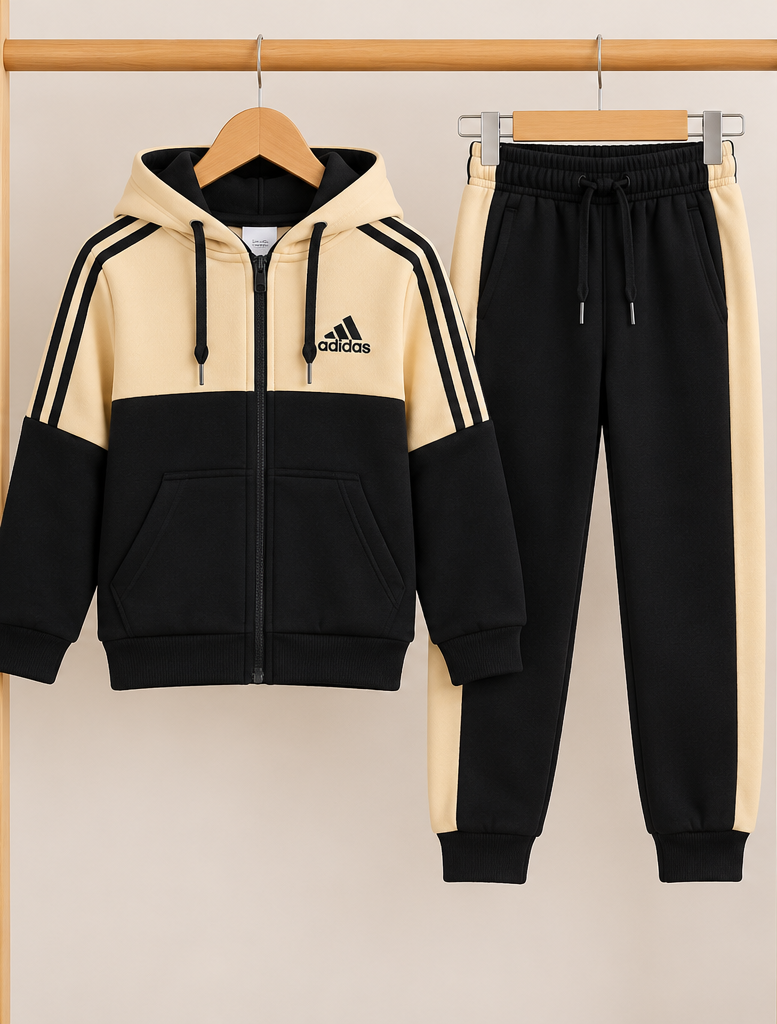 Boys Zipper Hoodie Tracksuit – Beige & Black
