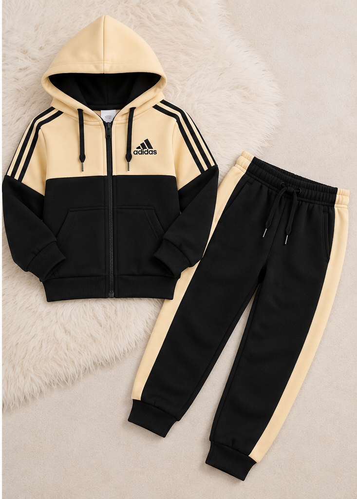 Boys Zipper Hoodie Tracksuit – Beige & Black