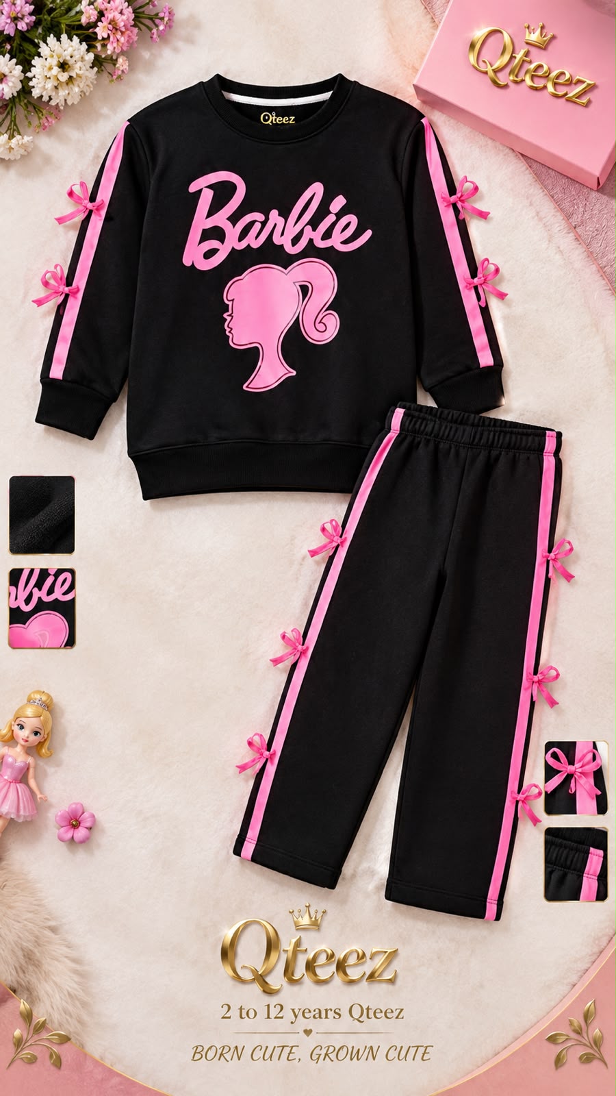 Girls Barbie Printed Tracksuit – Black & Pink Bow Detail