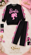 Girls Barbie Printed Tracksuit – Black & Pink Bow Detail