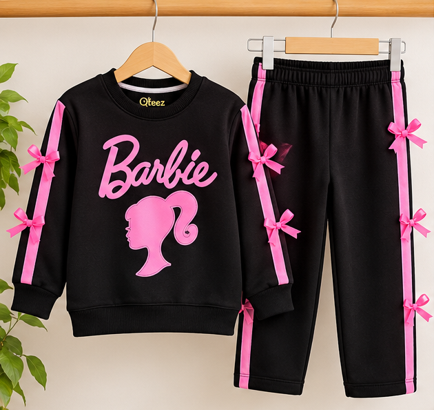Girls Barbie Printed Tracksuit – Black & Pink Bow Detail