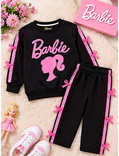 Girls Barbie Printed Tracksuit – Black & Pink Bow Detail