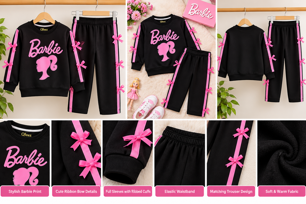 Girls Barbie Printed Tracksuit – Black & Pink Bow Detail