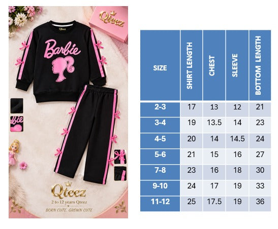 Girls Barbie Printed Tracksuit – Black & Pink Bow Detail