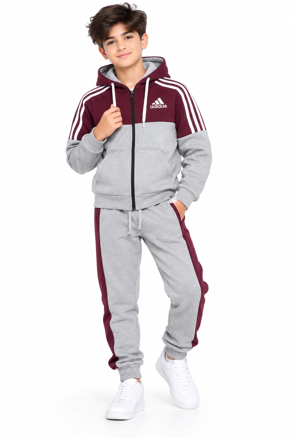 Boys Zipper Hoodie Tracksuit – Grey & Maroon