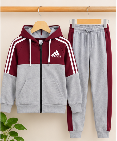 Boys Zipper Hoodie Tracksuit – Grey & Maroon