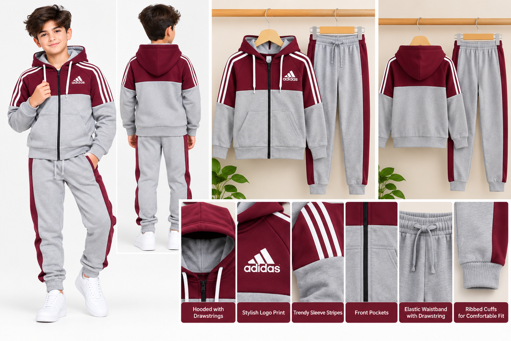 Boys Zipper Hoodie Tracksuit – Grey & Maroon