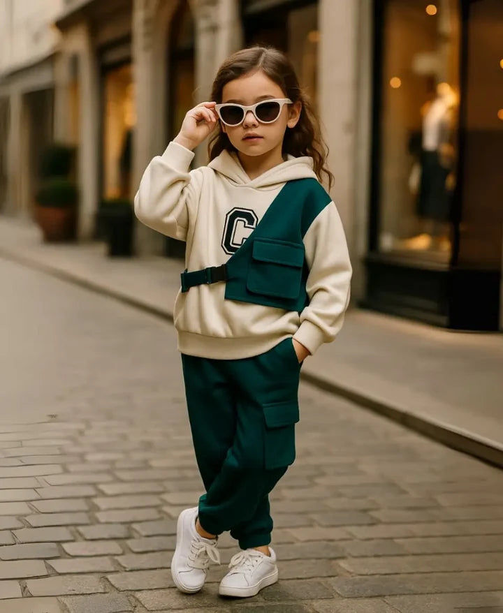 Kids Fleece Hoodie & Cargo Trouser Set – C-Green Winter Outfit