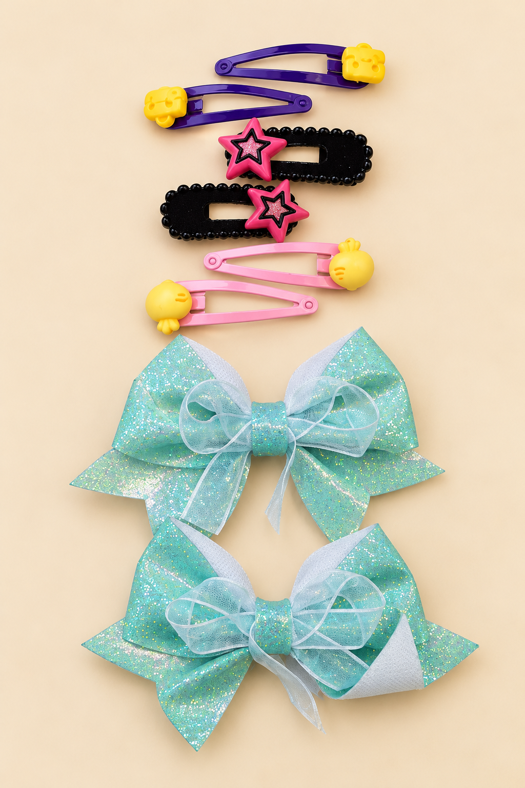 Glitter Bows & Cute Charm Hair Clip Combo Set