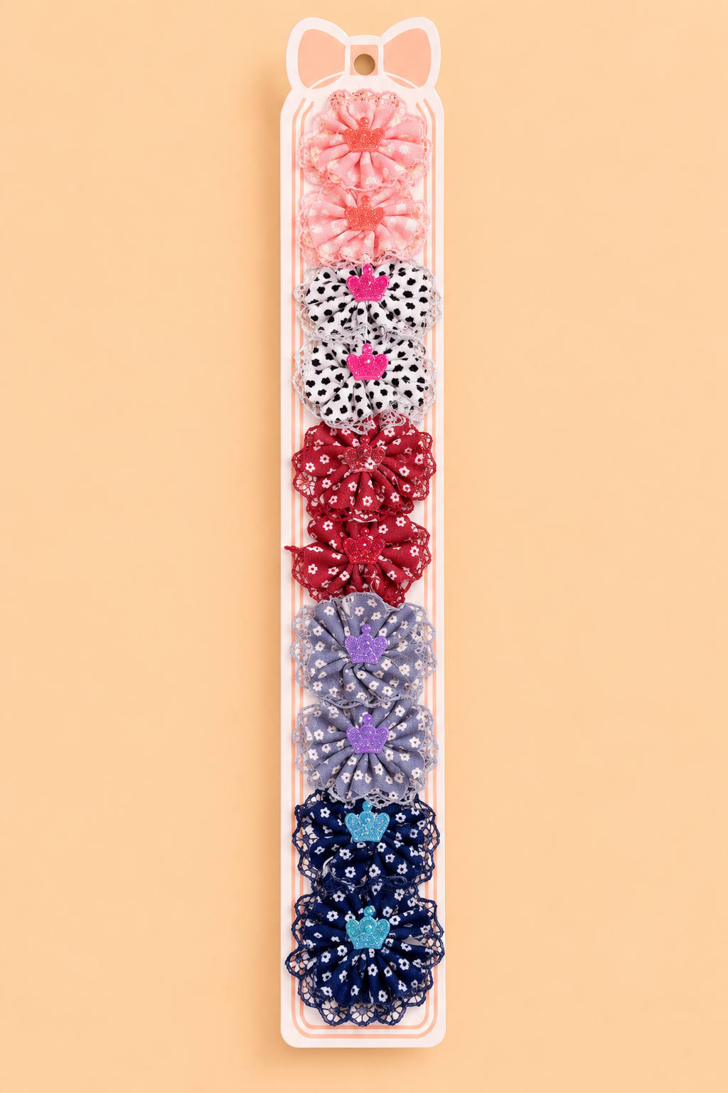 Floral Printed Fabric Hair Clip Set with Crown Charm (10 Pcs)