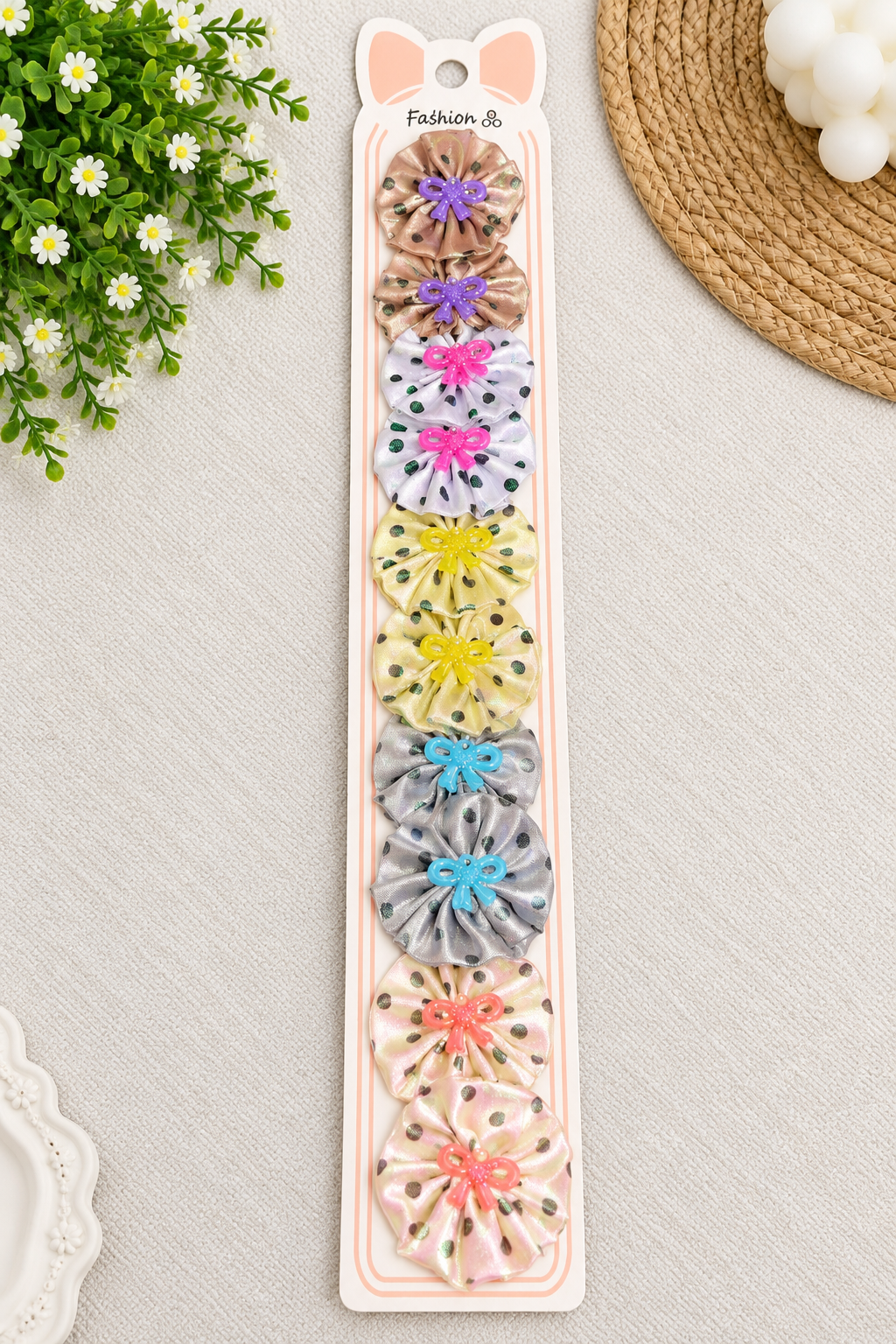 Polka Dot Ruffle Fabric Hair Clip Set (10 Pcs)