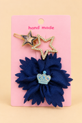 Elegant Navy Flower & Rhinestone Star Hair Clip Set