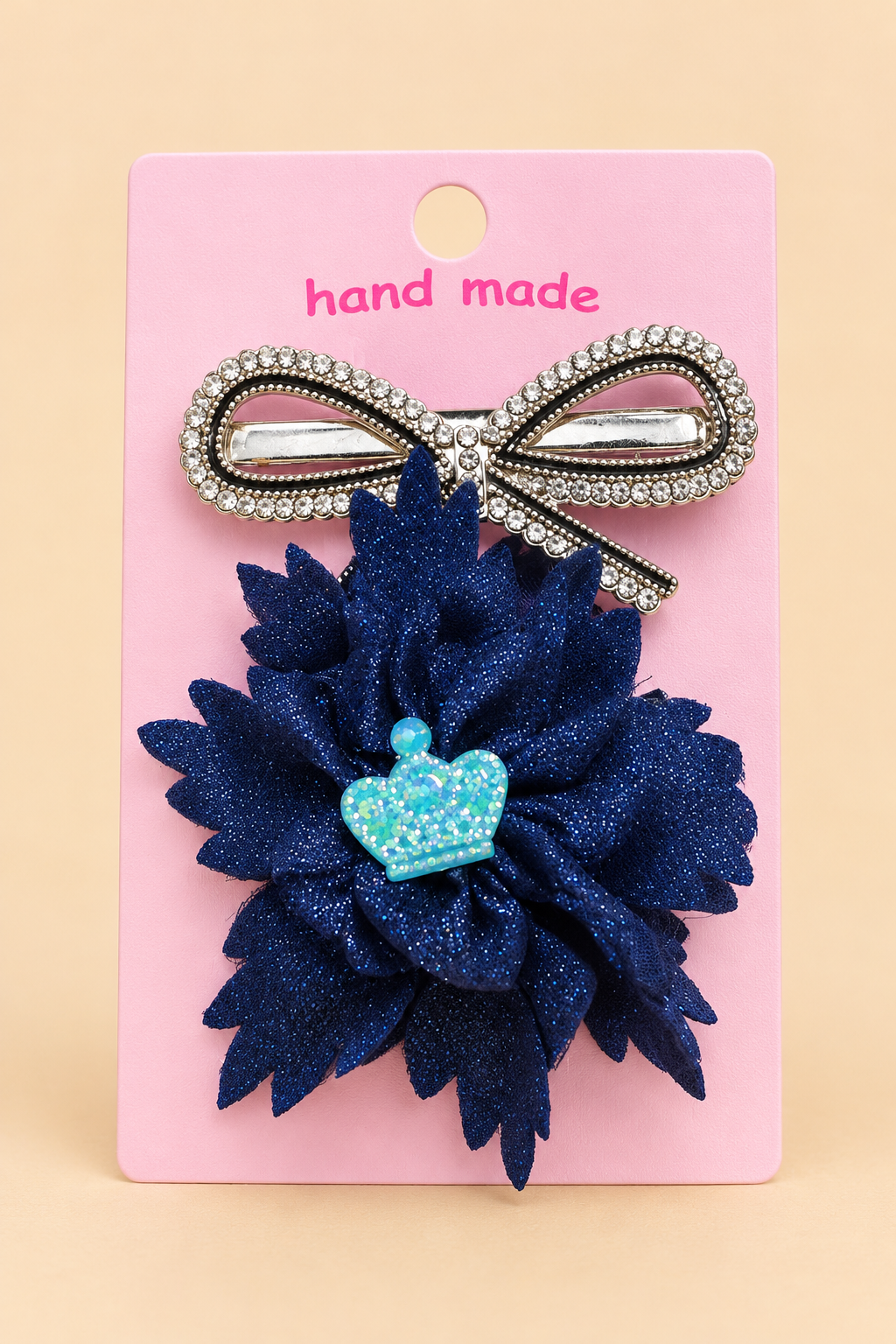Sparkly Rhinestone Bow & Navy Flower Hair Clip Set