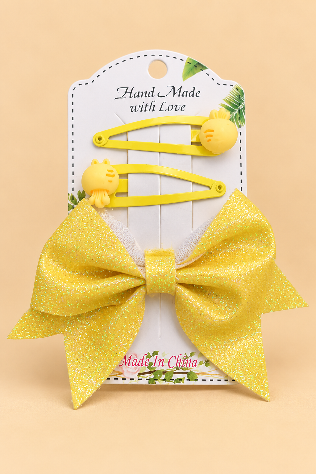 Sparkly Yellow Bow & Cute Animal Clips Handmade Set (3 Pcs)