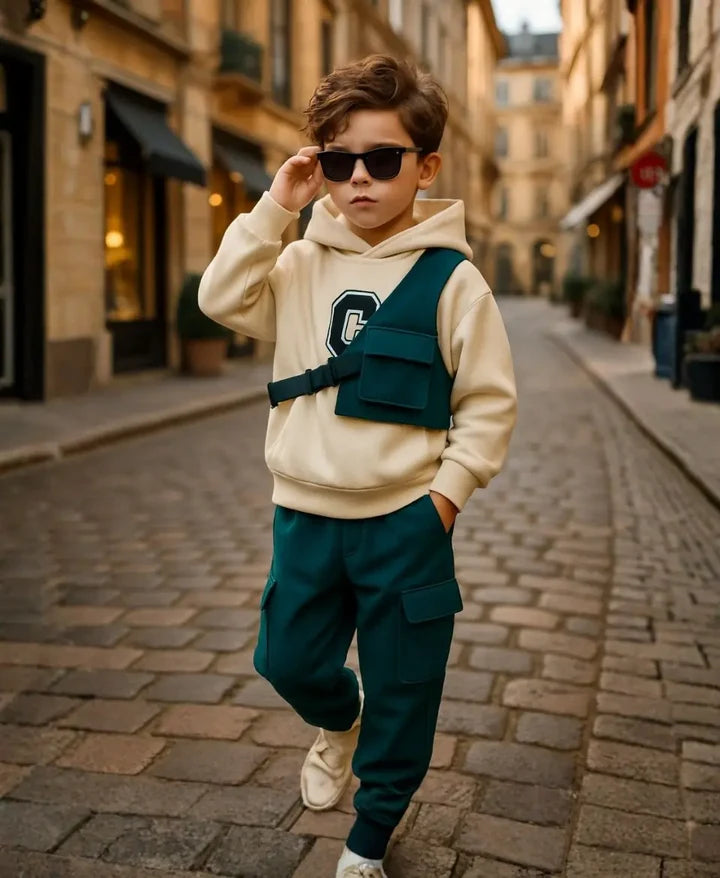 Kids Fleece Hoodie & Cargo Trouser Set – C-Green Winter Outfit