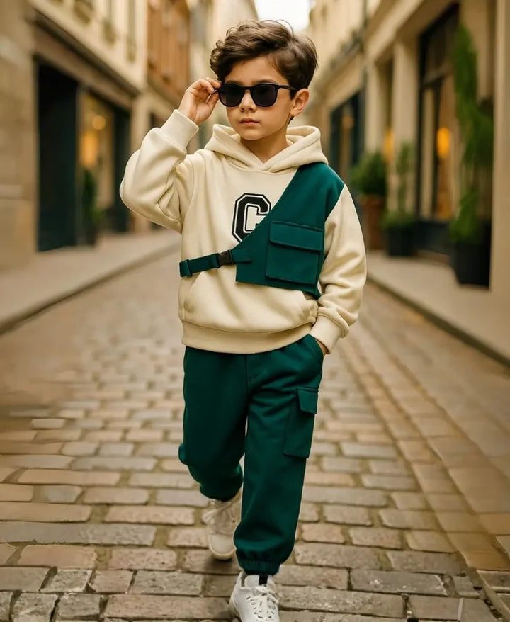 Kids Fleece Hoodie & Cargo Trouser Set – C-Green Winter Outfit