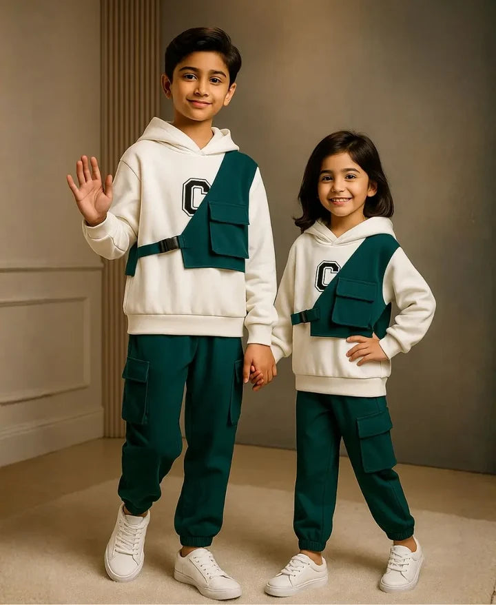 Kids Fleece Hoodie & Cargo Trouser Set – C-Green Winter Outfit