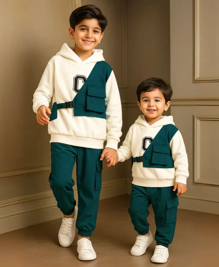 Kids Fleece Hoodie & Cargo Trouser Set – C-Green Winter Outfit