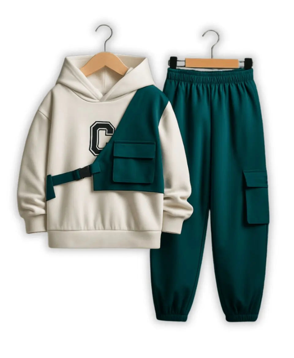 Kids Fleece Hoodie & Cargo Trouser Set – C-Green Winter Outfit
