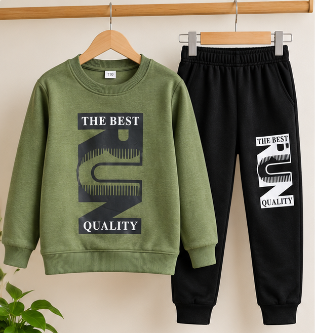 Boys Sweatshirt and Trouser Set – Olive Green & Black
