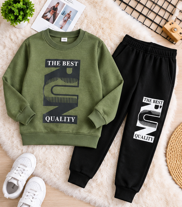 Boys Sweatshirt and Trouser Set – Olive Green & Black