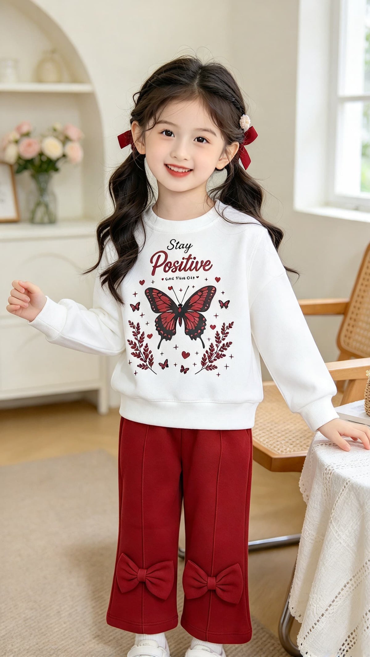 White Butterfly Printed Girls Suit with Red Bow Pants