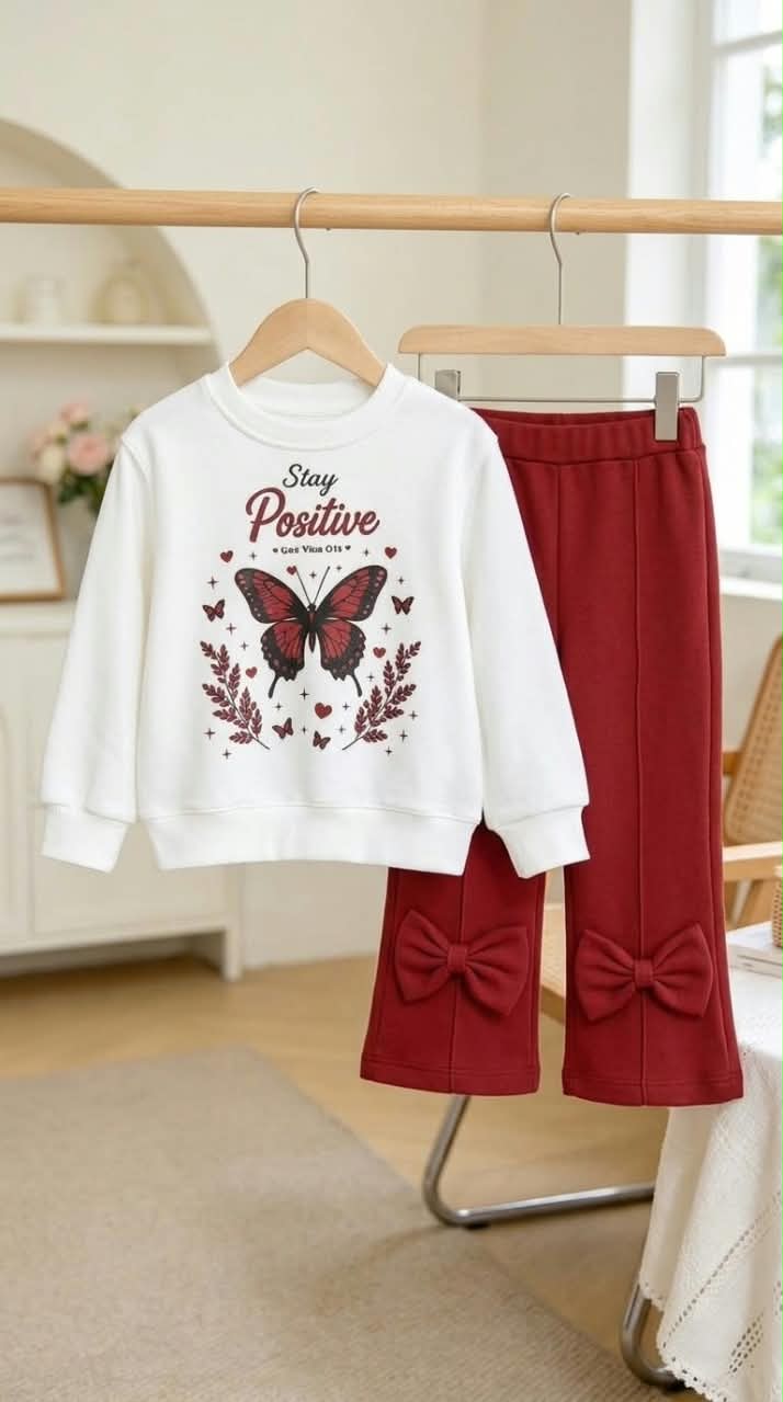 White Butterfly Printed Girls Suit with Red Bow Pants