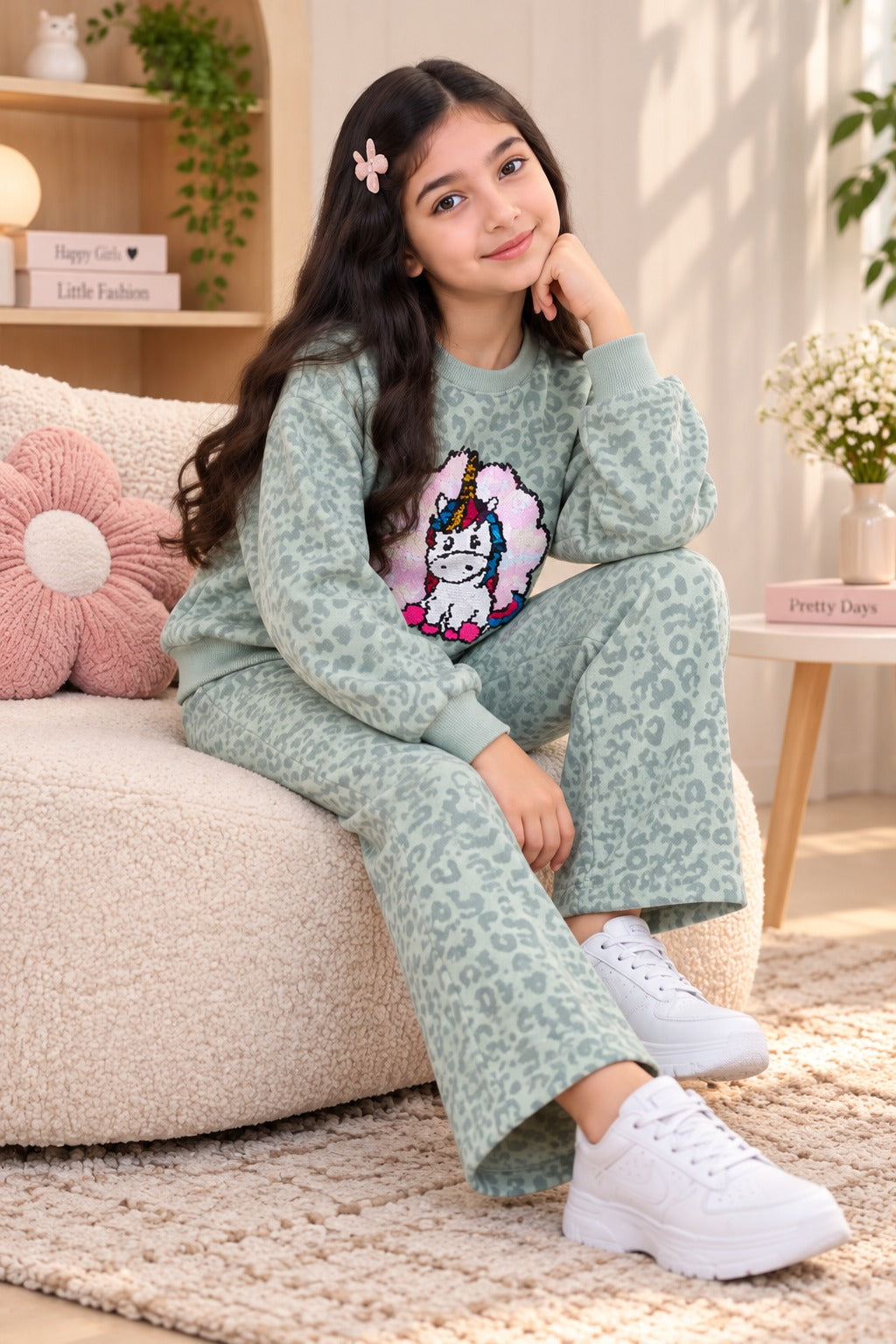 Girls Green Unicorn Printed 2-Piece Winter Suit