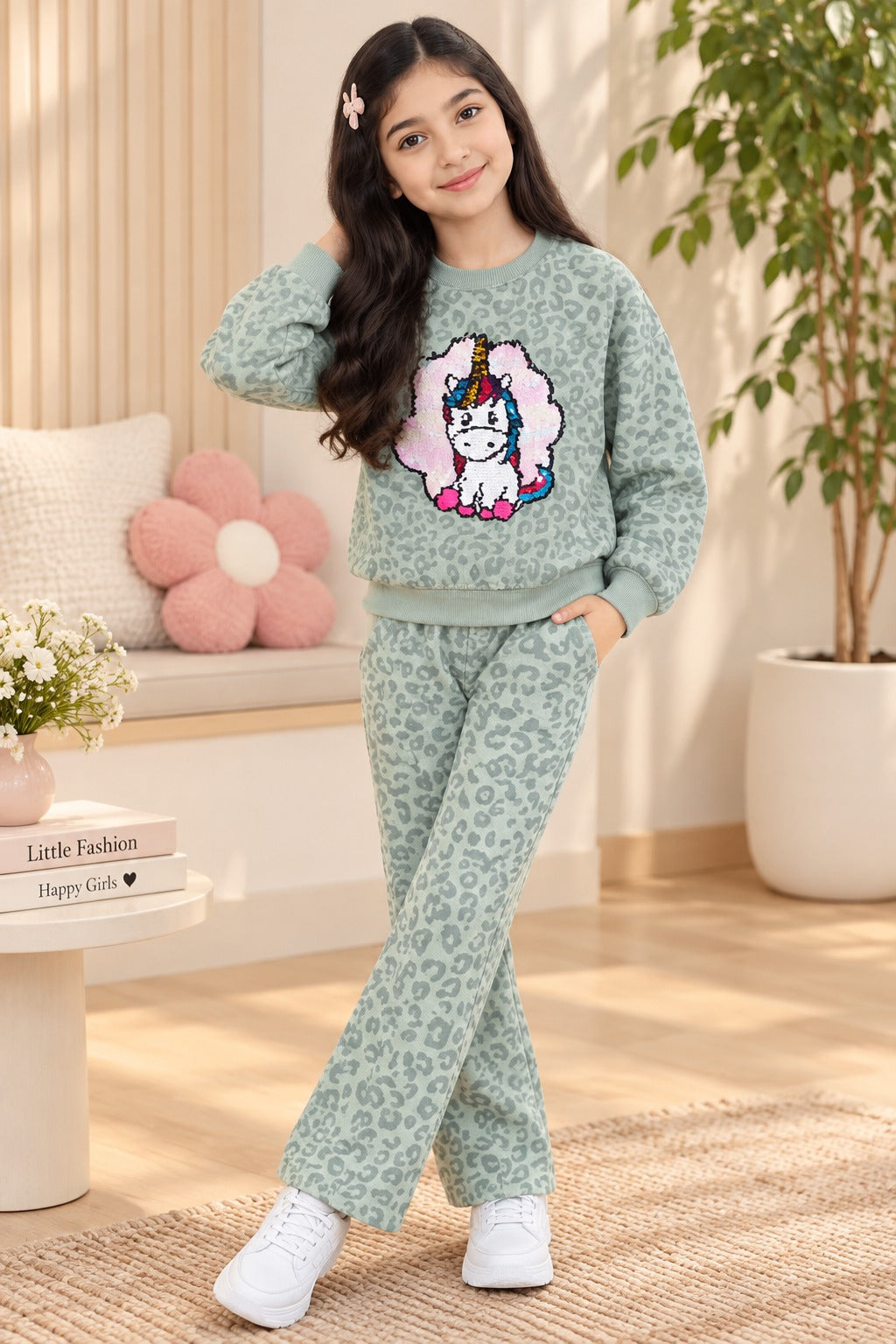 Girls Green Unicorn Printed 2-Piece Winter Suit