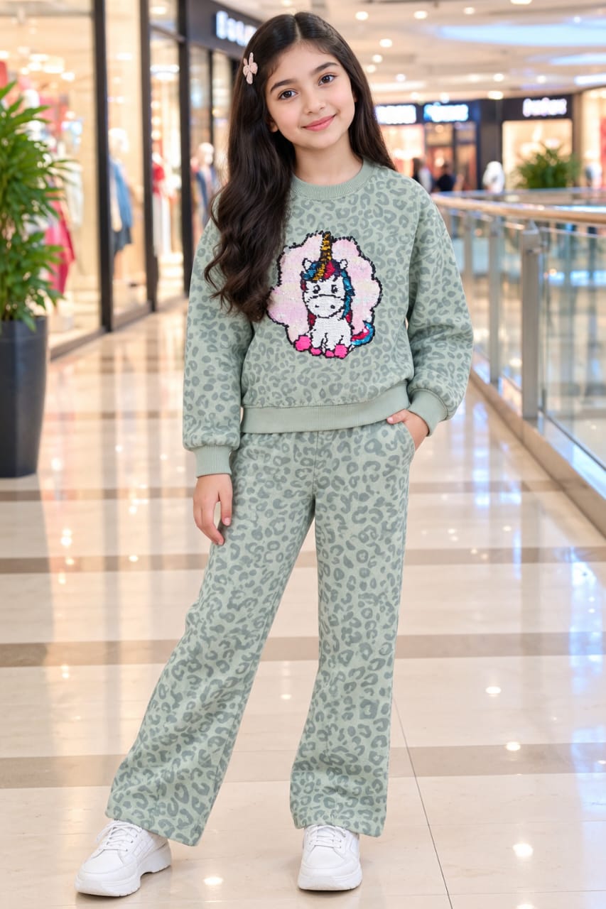 Girls Green Unicorn Printed 2-Piece Winter Suit