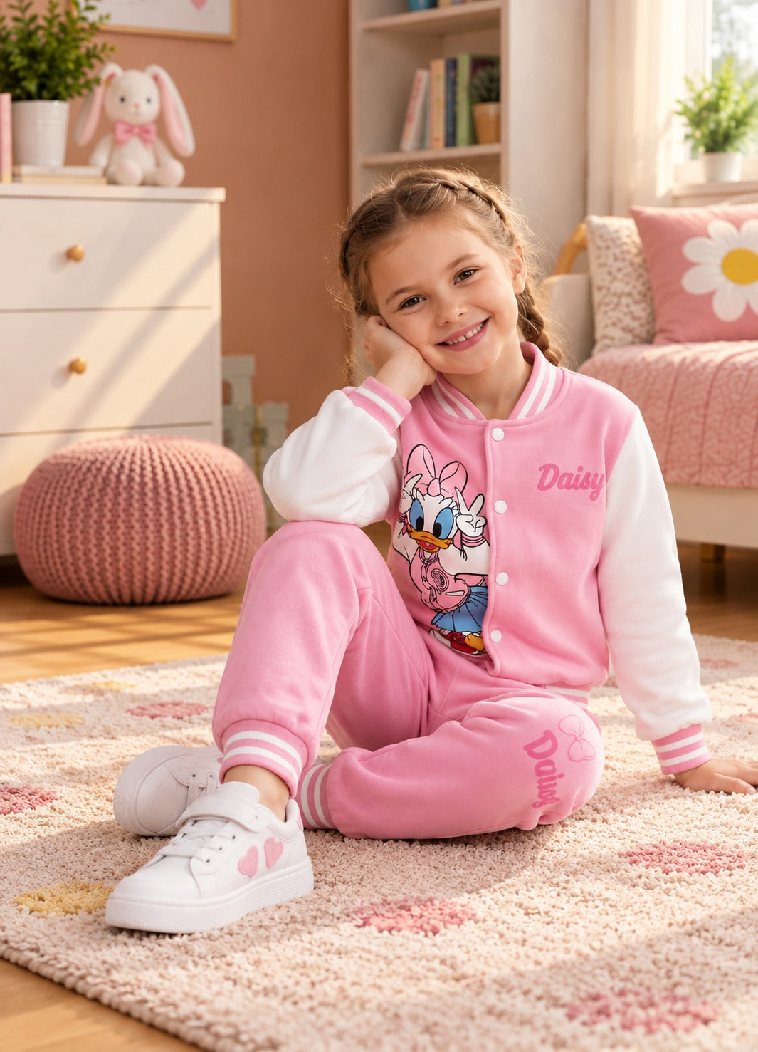 Girls Pink Daisy Printed 2-Piece Winter Tracksuit