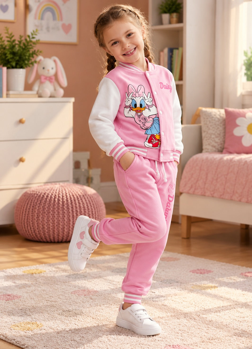 Girls Pink Daisy Printed 2-Piece Winter Tracksuit