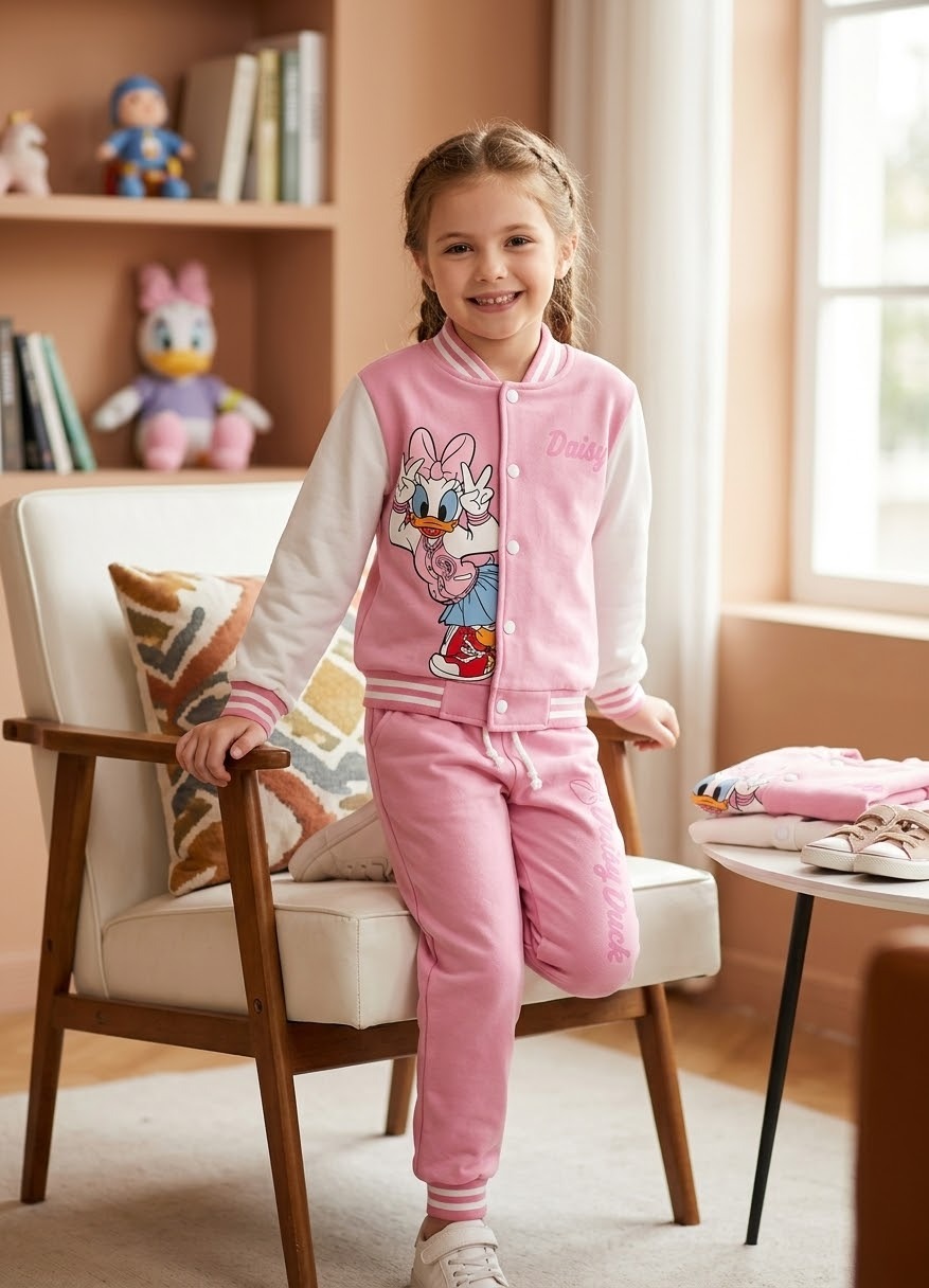 Girls Pink Daisy Printed 2-Piece Winter Tracksuit