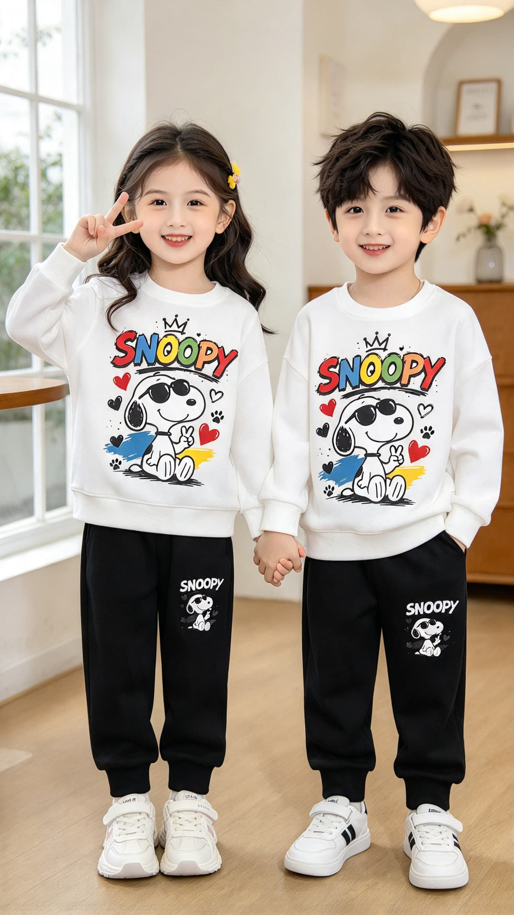 White Snoopy Printed Kids Suit with Black Trousers