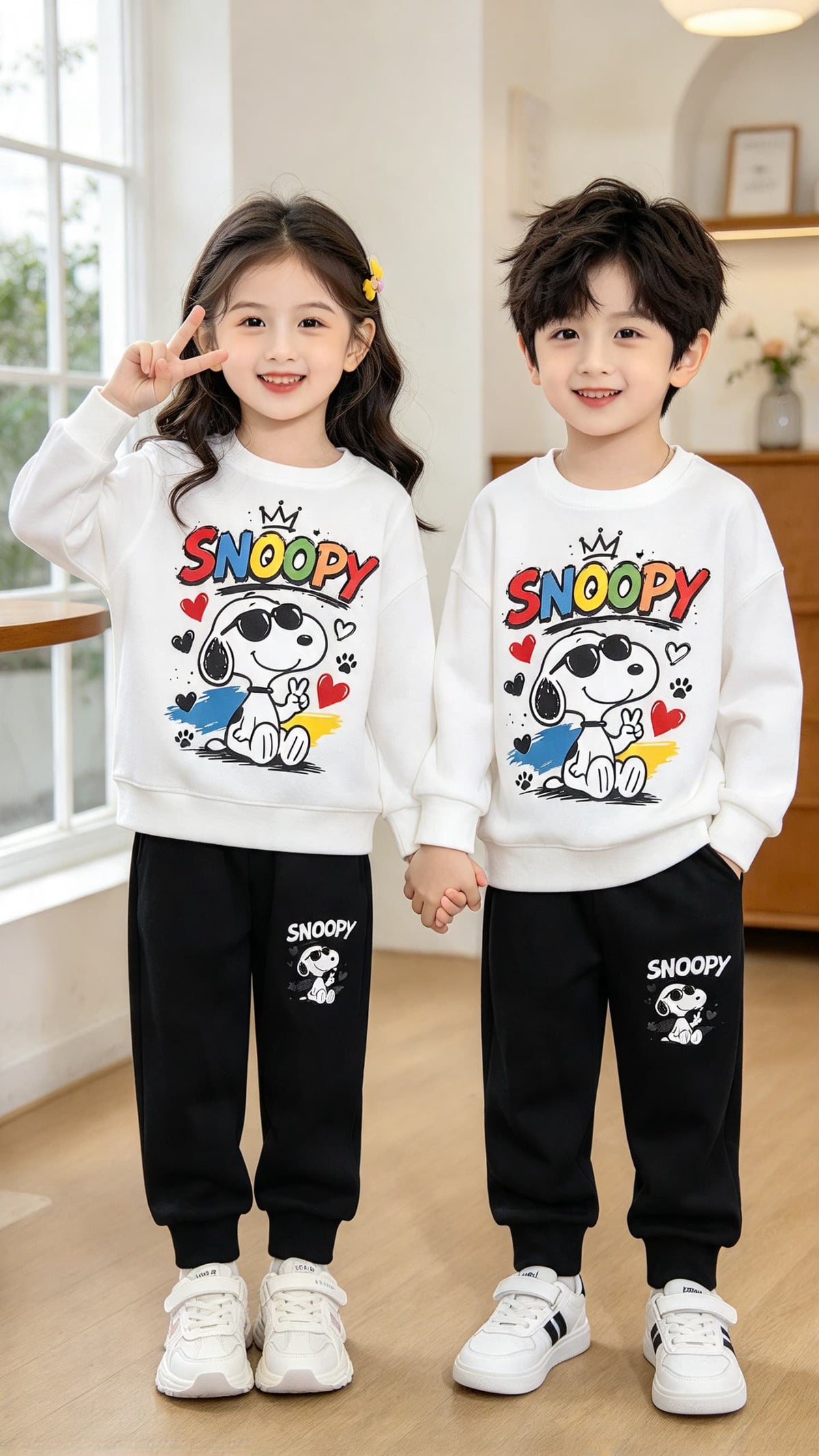 White Snoopy Printed Kids Suit with Black Trousers