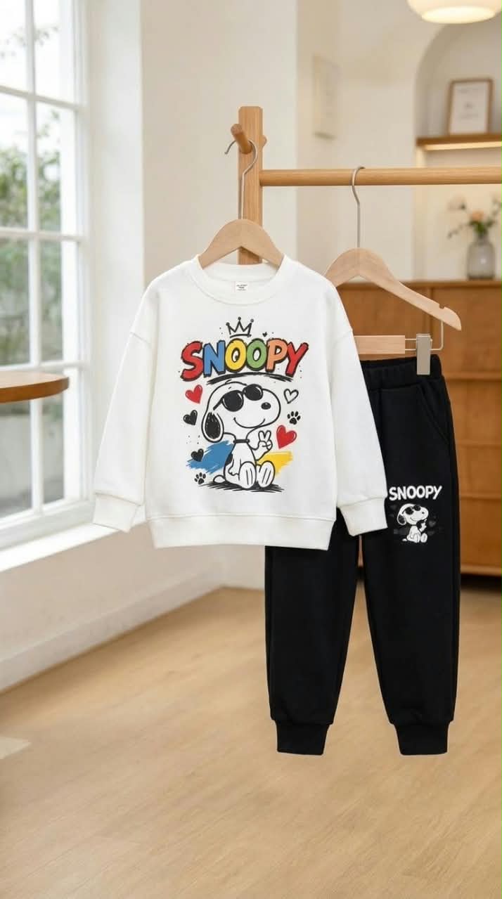 White Snoopy Printed Kids Suit with Black Trousers